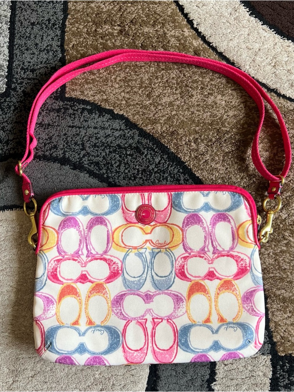 Coach Signature Print Multicolor Logo Crossbody with Hot Pink Trim! 🩷